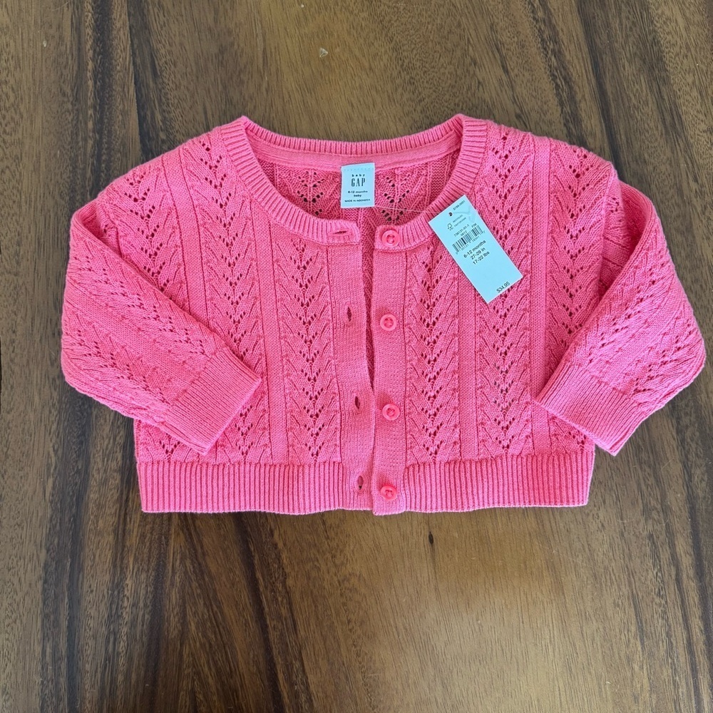 NWT GAP Baby Pink Coral Knit Cardigan 100% Cotton size 6-12M - Picture 1 of 3